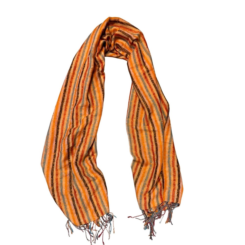 Womens Striped Boho Scarf Orange Blue Brown Fringed Lightweight Wrap Pashmina